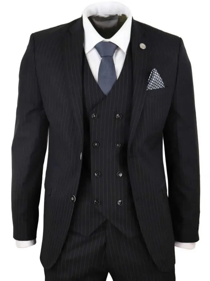 Men's 3 Piece Black Pinstripe Retro Suit